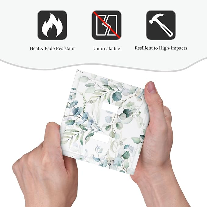 Watercolor Spring Eucalyptus Green Saga Boho Leaf Plant Botanical Floral Wild Flower Decorative 2-Gang Double Toggle Outlet Light Switch Wall Plate Electrical Receptacle Faceplate Cover Jumbo Size