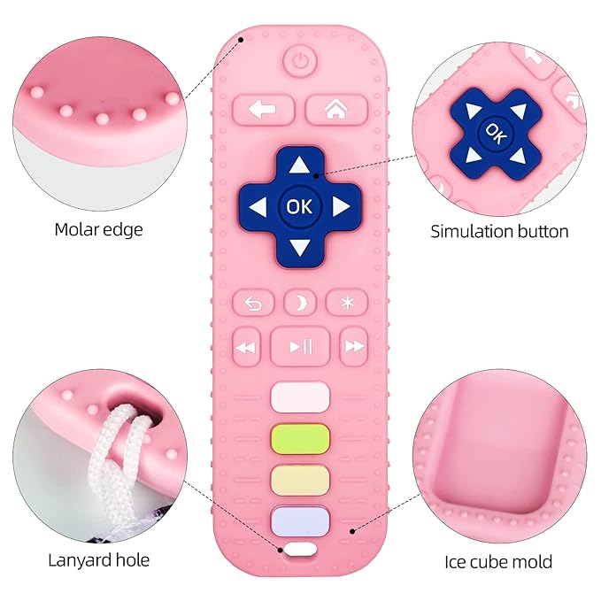 Chuya Baby Teether TV Remote Control Shape Teething Toys for Babies 3 6 9 12 18 24 Months for Infants Teething Relief Black+Pink