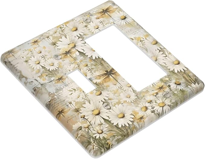 Vintage Letter Paper Wildflowers Dragonfly Daisy Floral Outlet Covers 1 Toggle 1 Rocker Combination Decorative Wall Plate Electrical Switch Plates Light Switch Cover Plate for Farmhouse Bedroom Decor