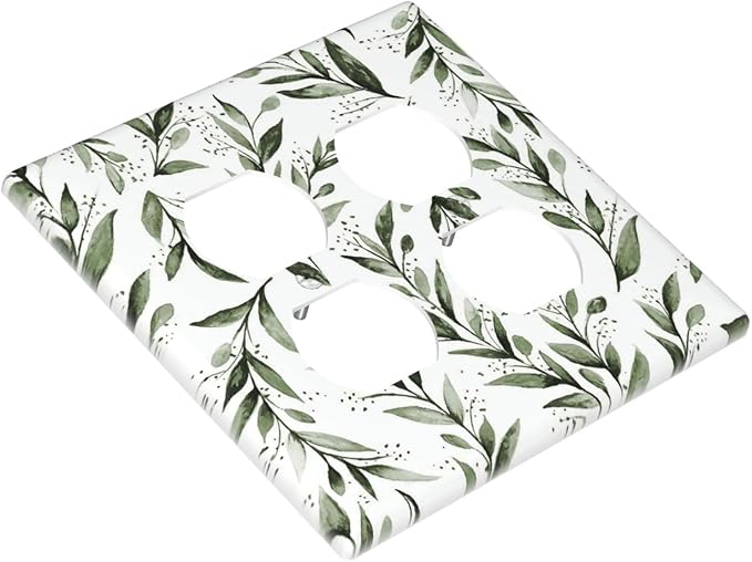 Green Leaf Olive Leaf Sage Floral Outlet Covers 2 Gang Double Duplex Decorative Light Switch Covers Electrical Wallplates Socket Faceplate for Bedroom Living Room Decor