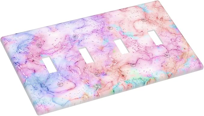 Decorative Switch Plate Covers Cute Marble Texture 4 Gang Device Light Switch Cover Pink Purple Gold Abstract Quad Toggle Wall Plate Electrical Faceplate for Kids Girls Nursery Bedroom Home Decor