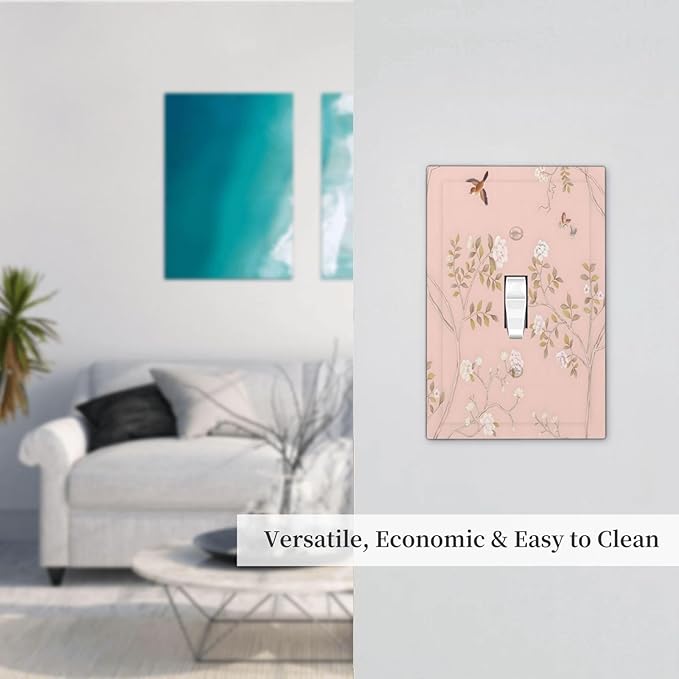 Pink Background Flowers Bird Butterflies Floral Decorative Light Switch Cover 1 Gang Single Toggle Device Electrical Faceplate Switchplates Decorator Outlet Wall Plate for Bedroom Living Room Decor