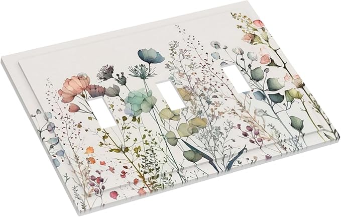 Spring Garden WildFlower Blossom Triple Toggle Device Switch Wall Plate 3-Gang Light Switch Cover Tan/Beige Flower Boho Floral Bontay Sage Herb Decorative Decorator Wallplate Switchplate Room Decorate
