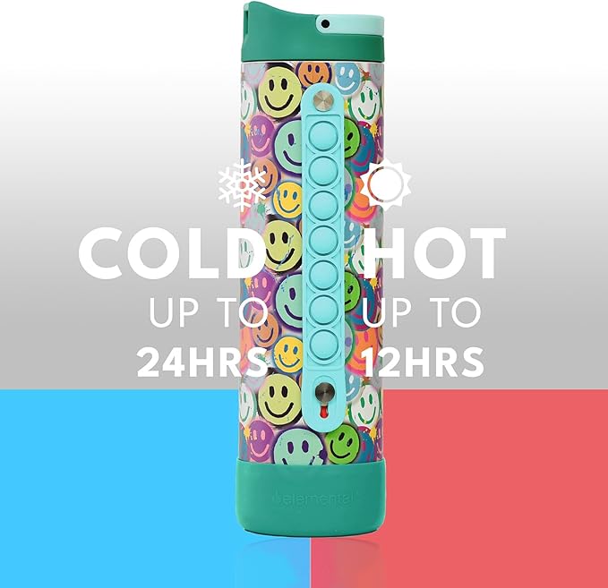 Elemental Iconic Kids Water Bottle for School - 100% Leak-Proof Insulated Water Bottles with Straw Lid & Pop-It Handle for Boys & Girls - Triple-Wall Insulated & BPA-Free, 20oz – Graffiti Smile