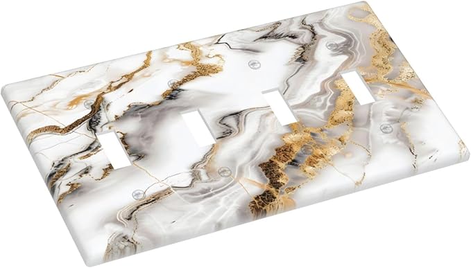 Luxurious Marble Abstract White Gold Tile Modern Simplicity Light Switch Covers Quad Toggle Electrical Faceplate 4 Gang Wall Plate Decorative Switch Plates Cover for Bathroom Kitchen Decor