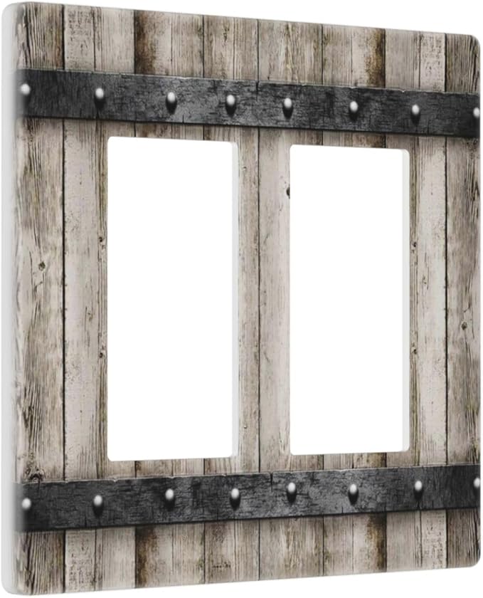 Western Barn Country Brown 2 Gang Double Decorator/GFCI Wall Plate Rocker Outlet Light Switch Old Taupe Grey Wood Wooden Cabin Style Decorative Two Dual Device Receptacle Face Plate Cover Screwless