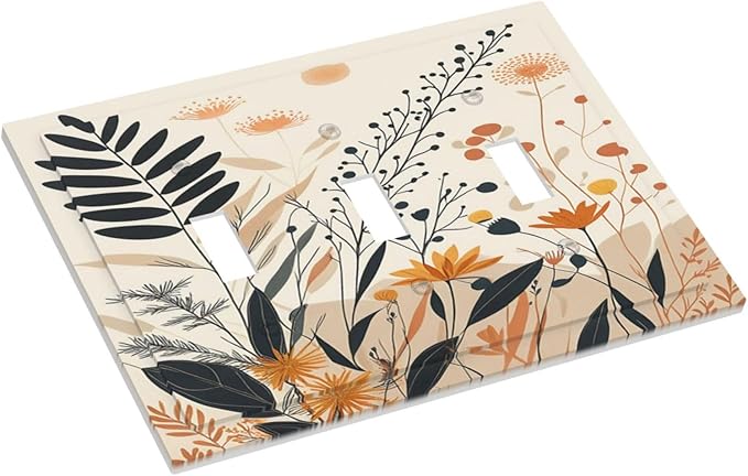 Light Switch Cover Plate Minimalist Floral Boho Botanical Wildflowers 3 Gang Triple Toggle Decorative Switch Plates Wall Plates Electrical Switchplate Faceplate for Bathroom Bedroom Decor