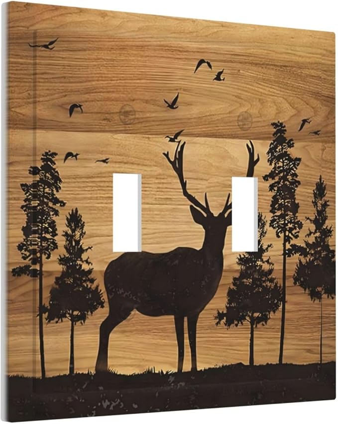 Elk Moose Forest Hunting Pyrography Art Wood Texture Print Decorative Switch Plates 2 Gang Double Toggle Outlet Light Switch Cover Wall Plate Electrical Faceplate for Farmhouse Bedroom Decor