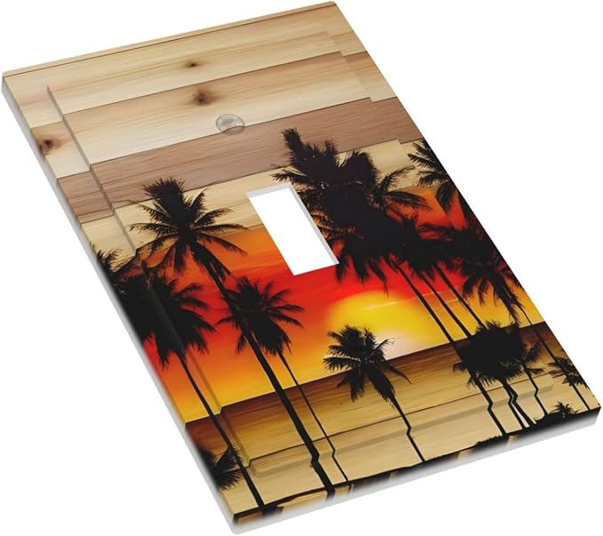 Sunset Beach Coconut Palm Tree Wooden Background Decorative Light Switch Cover 1 Gang Single Toggle Device Electrical Faceplate Switchplates Decorator Outlet Wall Plate for Bedroom Living Room Decor