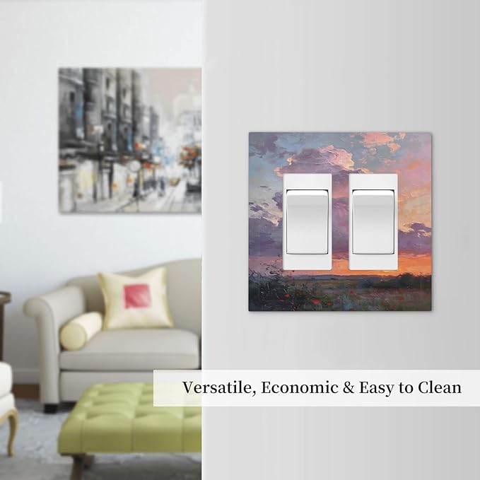Abstract Sunset Dusk Natural Scenery Wild Flowers Decorative Outlet Covers 2 Gang Double GFCI Rocker Electrical Wall Panels Light Switch Cover Plate for Farmhouse Bedroom Decor