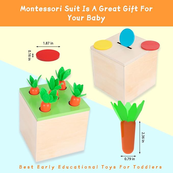 Adena Montessori 3 in 1 Wooden Montessori Play Kit Baby Toys,Includes Matchstick Color Drop Game,Carrot Harvest Game and Coin Box,Learning Toy for Kid 1,2,3 Year Old,Girl Boy Gift for Baby 6-12 Month