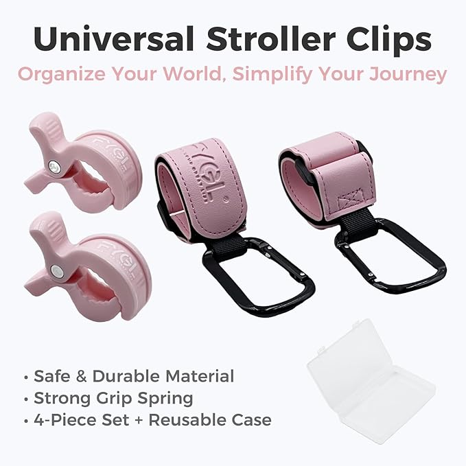 4-Pack Stroller Organizer: 2 Universal Pram Clips with 2 Stroller Hooks | Convenient Travel & Shopping Essentials for Baby Carriage - Light Pink