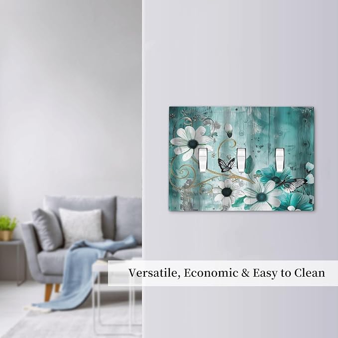 Decorative Switch Plate Covers Turquoise Flowers and Butterflies Rustic Teal White Floral 3 Gang Wall Plate Light Switch Cover Plate Triple Toggle Jumbo Electrical Faceplate for Bedroom Decor