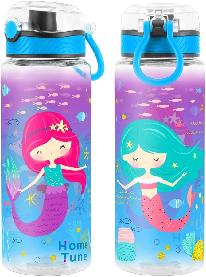 Home Tune Cute Water Bottle for School Kids Girls, BPA FREE Tritan & Leak Proof & Easy Clean & Carry Handle, 23oz/ 680ml (Mermaid 2)