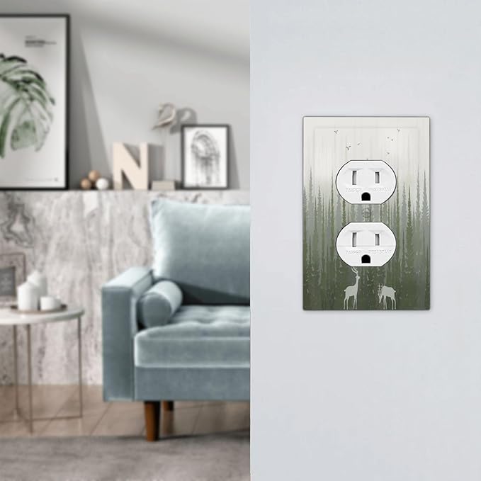 Green Pine Tree Deer Country forest Bird Nature Mist Outlet Covers 1 Gang Duplex Electrical Receptacle Faceplate Light Switch Cover Wall Plate Decorative Switch Plates for Bedroom Home Decor