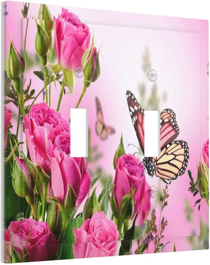 Floral Pink Roses Butterfly Flowers Bouquet Blossom Love Romance Petal 2 Gang Double Toggle Light Switch Cover Decorative Wall Plate Faceplate Butterfly Floral Girls Bathroom Home Living Room Decor