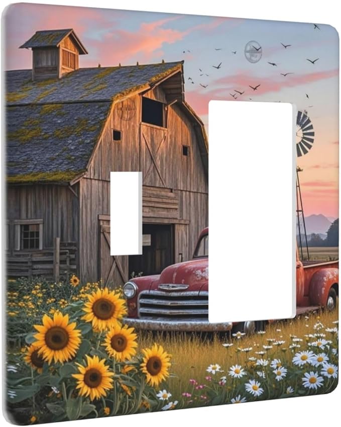Rustic Barn Red Truck Windmill Sunflower Outlet Covers 1 Toggle 1 Rocker Combination Decorative Wall Plate Electrical Switch Plates Light Switch Cover Plate for Farmhouse Home Decor