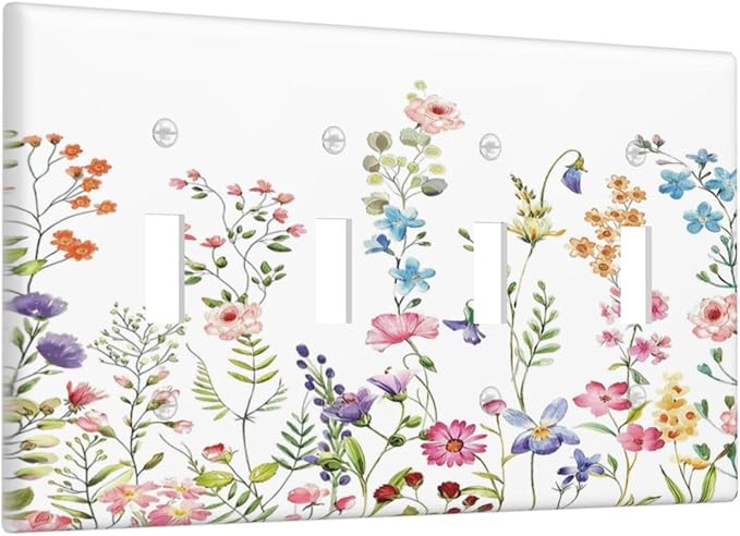 Boho Watercolor Wildflowers Floral Plants Flower Light Switch Covers Quad Toggle Electrical Faceplate 4 Gang Wall Plate Decorative Switch Plates Cover for Bedroom Living Room Decor