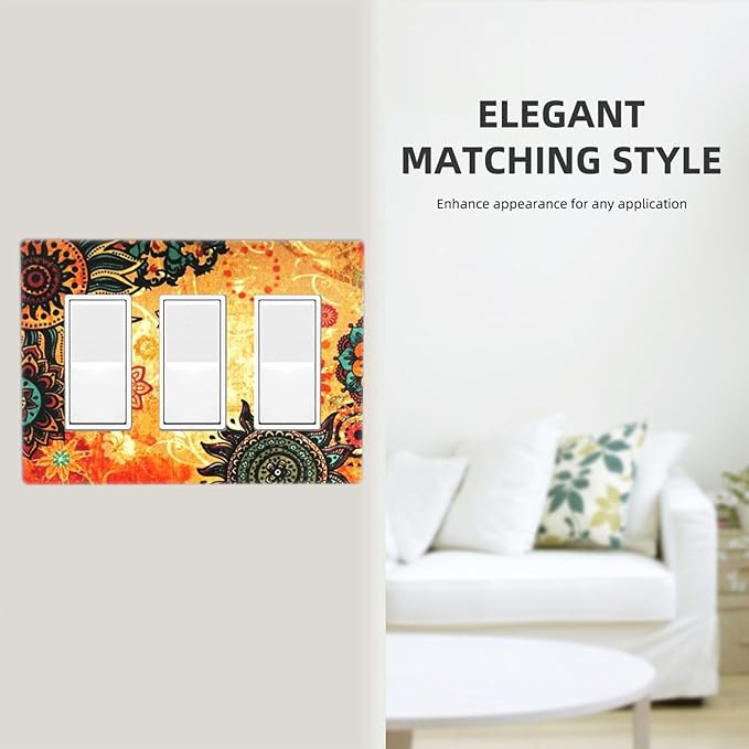 Red Orange Boho Bohemian Flower Floral Triple Decorator Light Switch Cover 3 Gang GFCI/Rocker Wallplate Decorative Electrical Faceplate Switchplate Dimmer Screwless