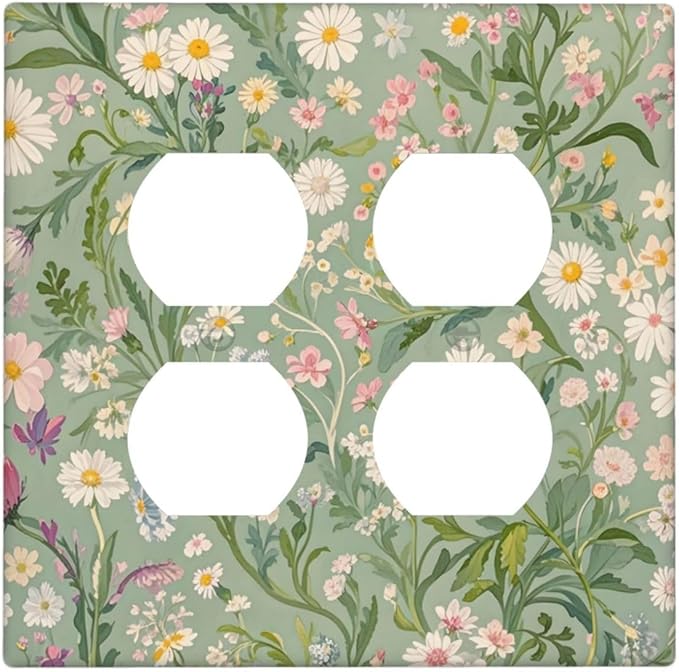 Decorative Outlet Covers with Vintage Wildflowers & Daisies on Light Green Background Design 2 Gang Wall Plate Double Duplex Receptacle Light Switch Cover Switch Plate Cover