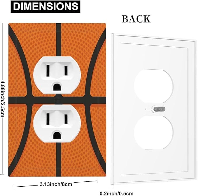 Vintage Basketball Texture Duplex Wall Plate - 1-Gang Standard US Size Sports Themed Kids Room Design Outlet Covers for Boy's Bedroom Decor