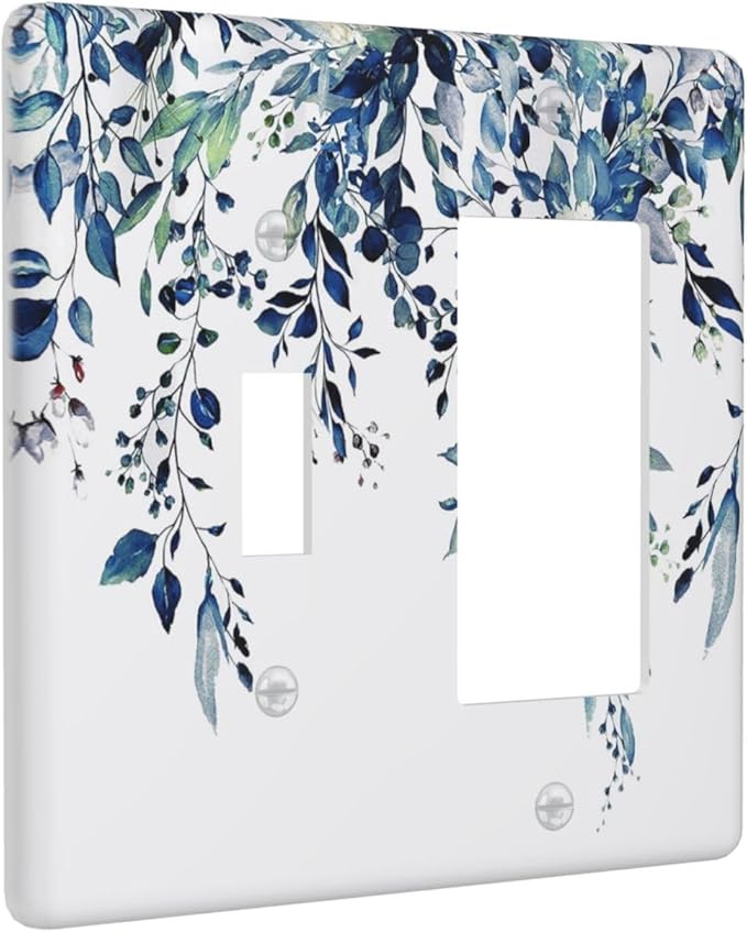 Blue Eucalyptus Watercolor Leaves 2 Gang Single Toggle Rocker Combination Light Switch Cover Green Plant Decorative Wall Plate Cover Electrical Faceplate for Bathroom Bedroom Kitchen Decorate