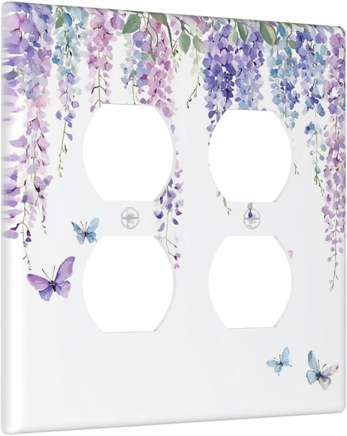 Outlet Covers Purple Flowers Watercolor Floral Butterflies 2 Gang Double Duplex Decorative Light Switch Covers Electrical Wallplates Socket Faceplate For Bed Room Living Room Decor