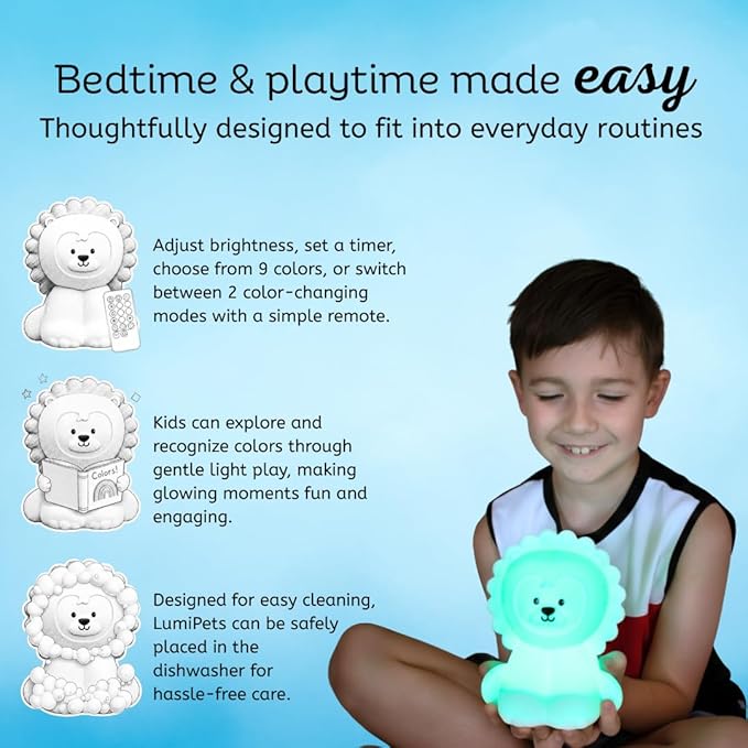 Lumipets Remote Control Silicone Night Light for Kids - Lion Design with 9 Soft Colors & Sleep Timer - Rechargeable, Battery-Operated Lamp for Bedroom | Baby Nursery, Toddler, Girls, Boys