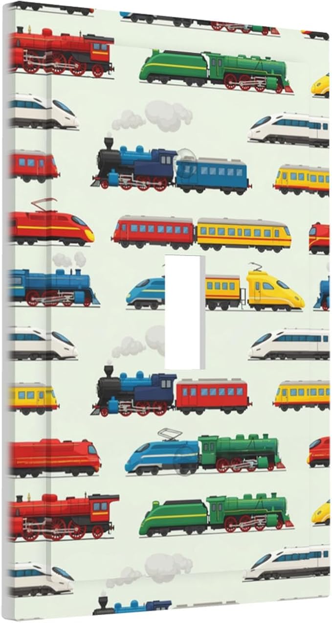 Vintage & Modern Trains 1-Gang Toggle Light Switch Plate, Colorful Locomotive Retro Steam & High-Speed Decorative Wall Plate for Boys Room
