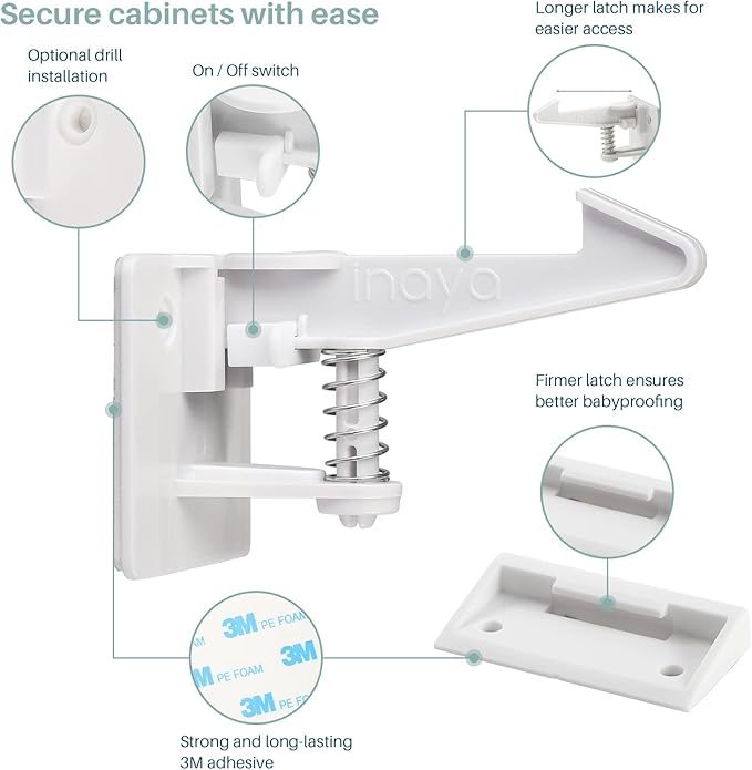 Inaya Cabinet Locks Child Safety Latches (Pro Extended) - Baby Proofing Cabinets & Drawers Locks - Child Proof Your Home - No Drilling & No Tools Required! (12 Pack)