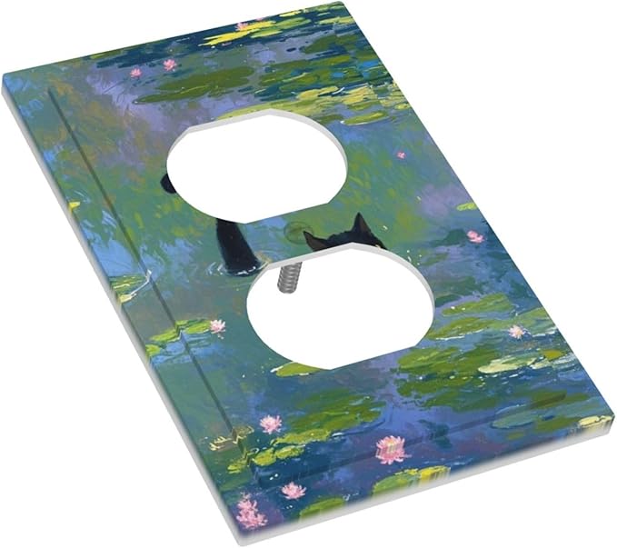 Decorative Outlet Covers Cute Black Cat Water Lily Pond Watercolor 1 Gang Duplex Light Switch Cover Plate Electrical Switch plates WallPlates Socket Covers for Kids Room Nursery Decor