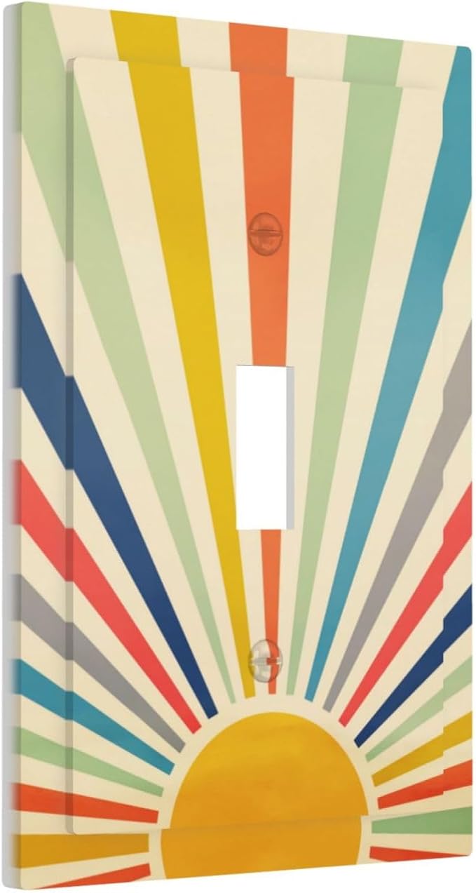 Yellow Retro Boho Rainbow Sun Decorative Single Toggle Wall Plate Outlet Covers 70s Mid Century Abstract Art 1-Gang Sunrise Decorator Light Switch Faceplate Electrical Receptacle Cover Jumbo Size