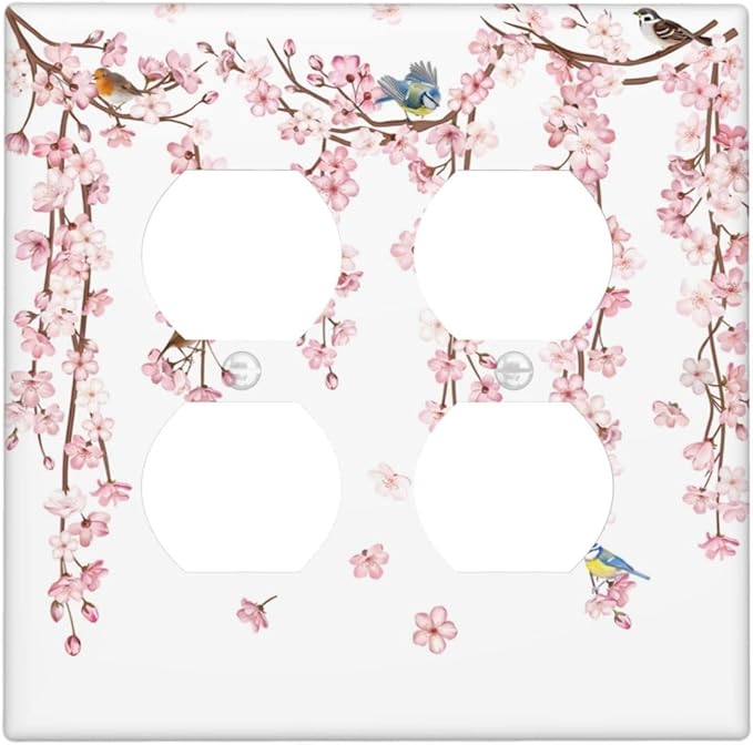 Pink Cherry Blossom Flower Vine Floral Tree Branch Birds Outlet Covers 2 Gang Double Duplex Decorative Light Switch Covers Electrical Wallplates Socket Faceplate for Bedroom Living Room Decor