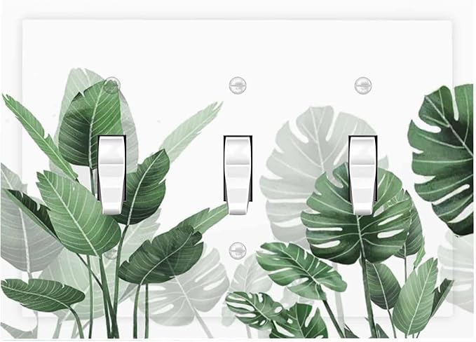 Decorative Switch Plates Boho Tropical Plant Natural Palm Leaf 3 Gang Wall Plate Triple Toggle Light Switch Cover Faceplate Electrical Wall Panels For Bed Room Living Room Decor