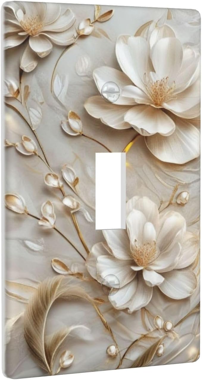 Decorative Art Light Switch Covers Elegant White and Gold Florals Single Toggle Wall Plate Decorative Switchcover Electrical Switchplate for Home Decor