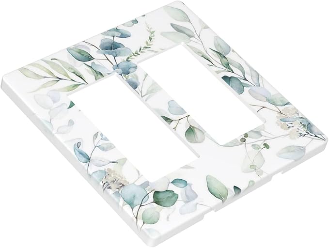 Green Eucalyptus Leaf Decorative 2 Gang Screwless Gfci/Rocker Light Switch Cover Decorative Spring Olive Boho Floral Leaves Dual Device Double Decorator Receptacle Outlet Wall Plate Cover for Dimmer
