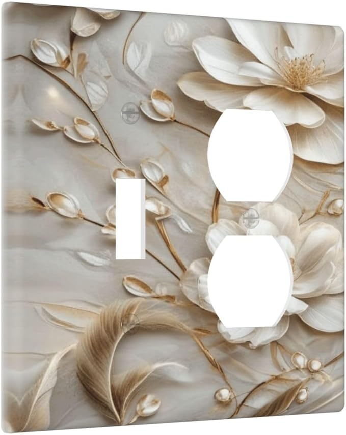 Decorative Art Light Switch Covers Elegant White and Gold Florals 2 Gang Single Toggle Duplex Combination Electrical Faceplate Switchplate Wall Plate for Home Decor