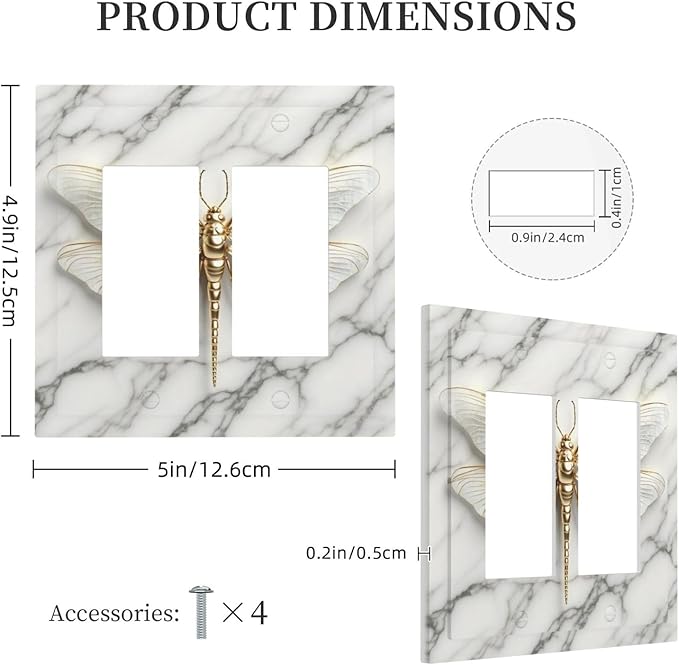 White Gold Marble Dragonfly Abstract Modern Decorative Outlet Covers 2 Gang Double GFCI Rocker Electrical Wall Panels Light Switch Cover Plate for Bathroom Home Decor