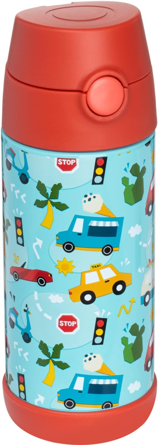 Snug Insulated Kids Water Bottle with Straw & Spout – Double-Wall Stainless Steel, Leakproof, Easy-Flip Lid – For School, Travel, Toddlers & Big Kids - Cars, 12oz
