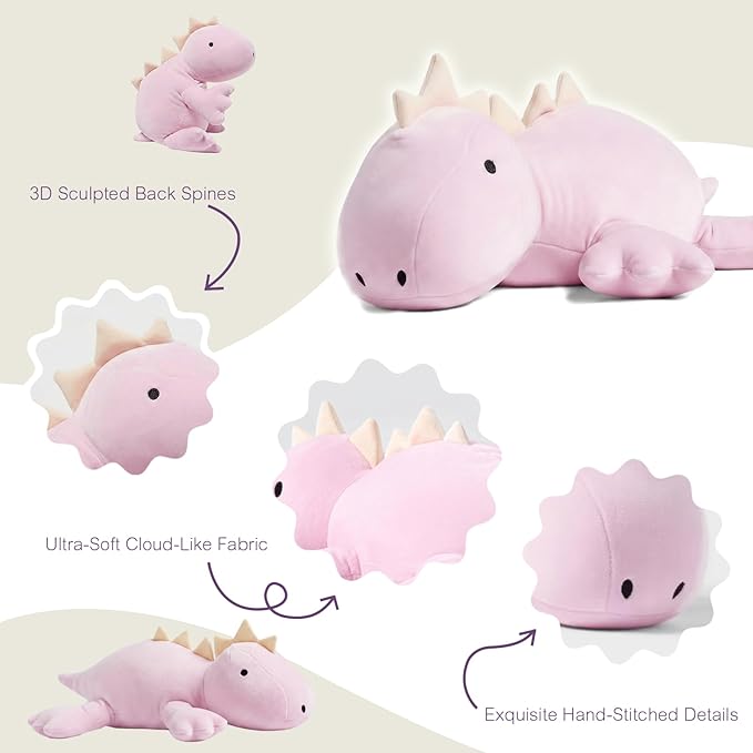 KOWSI® Microwavable Heating Pad Purple Stegosaurus Plush - 1.4 Lb Weighted Stuffed Animal Toy with Tourmaline Beads & Lavender - 16" Squished Long Dinosaur Pillow - Lumbar Back Cushion Lasting Warmth