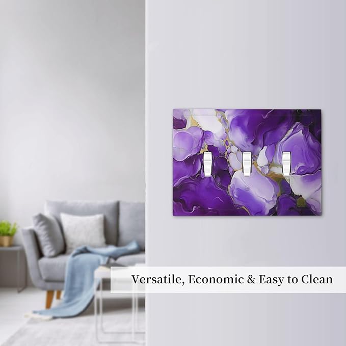 Decorative Light Switch Cover Plate Abstract Luxury Purple Gold Marble Textures 3 Gang Wall Plate Oversized Triple Toggle Switch Cover Plate Jumbo Electrical Face Plate for Bedroom Decor