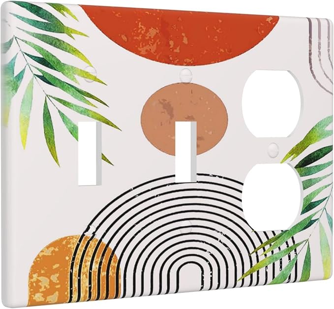 Beige Orange Boho Mid Century Abstract 3-Gang 2-Toggle 1-Duplex Receptacle Combination Light Switch Decorative Triple Combo Device Switches/Rocker Outlet Covers and Wall Plate
