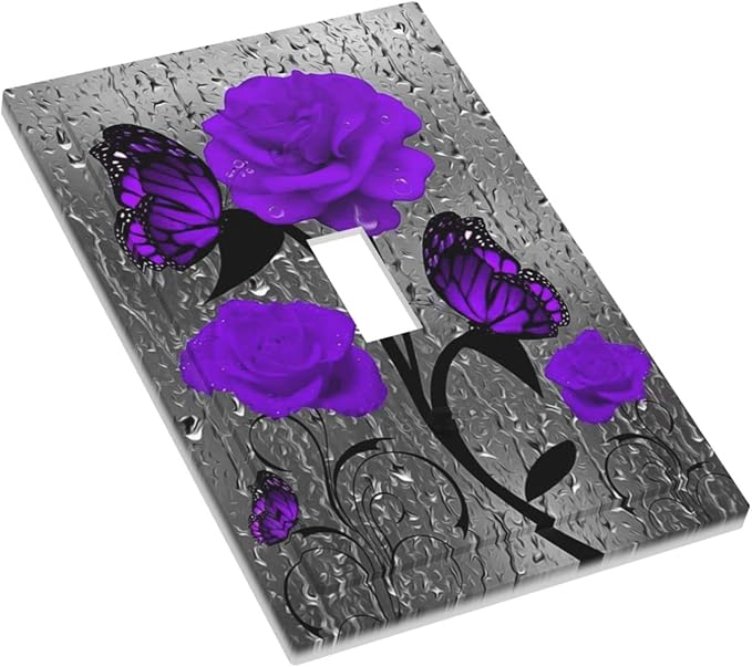 Bathroom Purple Rose Light Switch Cover 1 Gang Single Toggle Wall Plate Cover Butterfly Valentine's Day Elegant Violet Pretty Flower Faceplate Switchplate Girls Women Bedroom Room Art Panel Decor