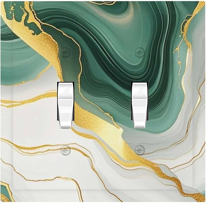 Decorative Switch Plates Turquoise Marble Texture Golden Lines 2 Gang Double Toggle Outlet Light Switch Cover Wall Plate Electrical Faceplate For Bed Room Bathroom Decor