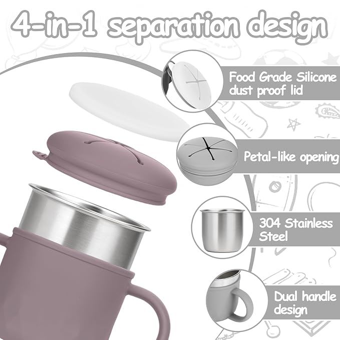 Mity rain 2-Pack Stainless Steel Snack Containers, 4-in-1 Spill proof Snack Cups With Silicone Lid and Handle, Dishwasher Safe Travel Snack Containers for Kids and Infants (Purple + Gray)