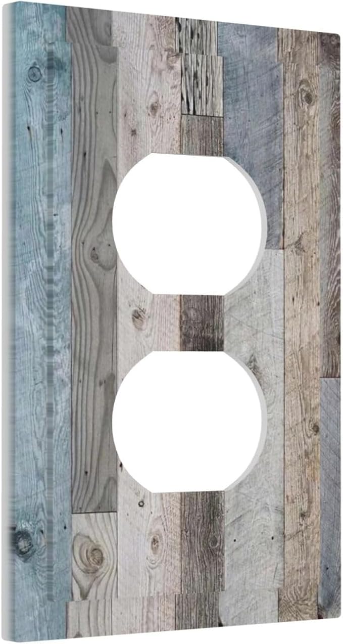 1 Gang Duplex Receptacle Outlet Cover Retro Rustic Vintage Barn Western Blue Grey Wood Plank Country Old Garage Style Electrical Wall Plate One Gang Dual Device Light Switch Faceplate Socket Cover
