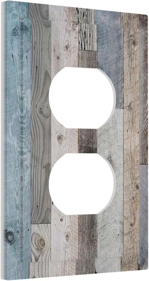 1 Gang Duplex Receptacle Outlet Cover Retro Rustic Vintage Barn Western Blue Grey Wood Plank Country Old Garage Style Electrical Wall Plate One Gang Dual Device Light Switch Faceplate Socket Cover