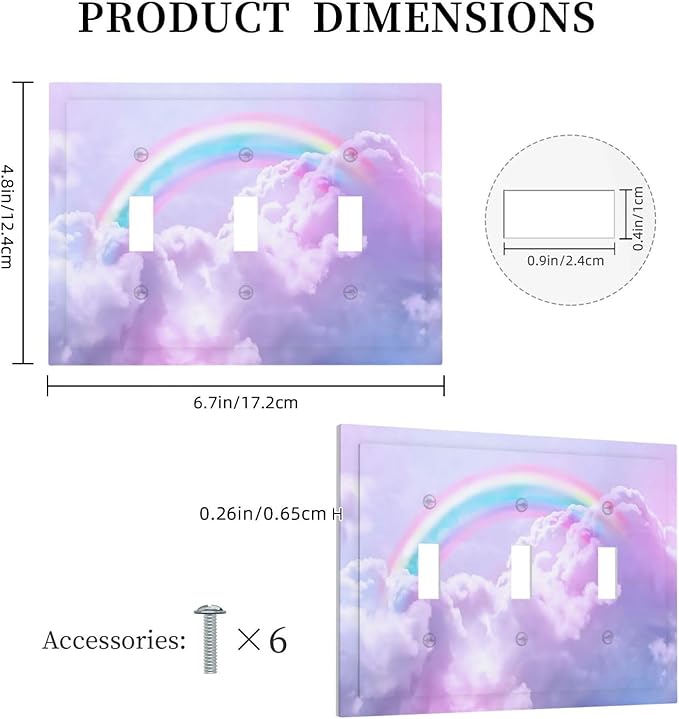 Rainbow in the Clouds Triple Toggle Wall Plates Pink Art Panel 3 Gang Light Switch Cover Decorative Purple Cloud Electrical Switchplate Faceplate Cute Dimmer for Bedroom Kidroom Nursery Decor