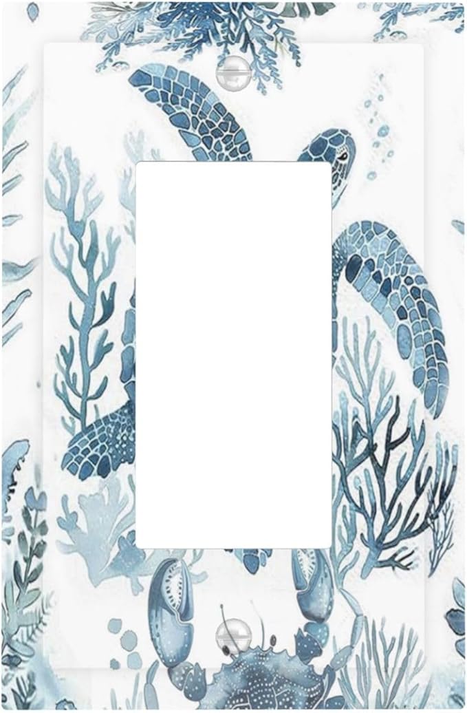 Blue Sea Turtle Coastal Coral Beach Crab Seaweed Decorative Outlet Covers 1 Gang Single Rocker Light Switch Cover Plate Wall Plates GFCI Faceplate for Kids Room Bathroom Decor