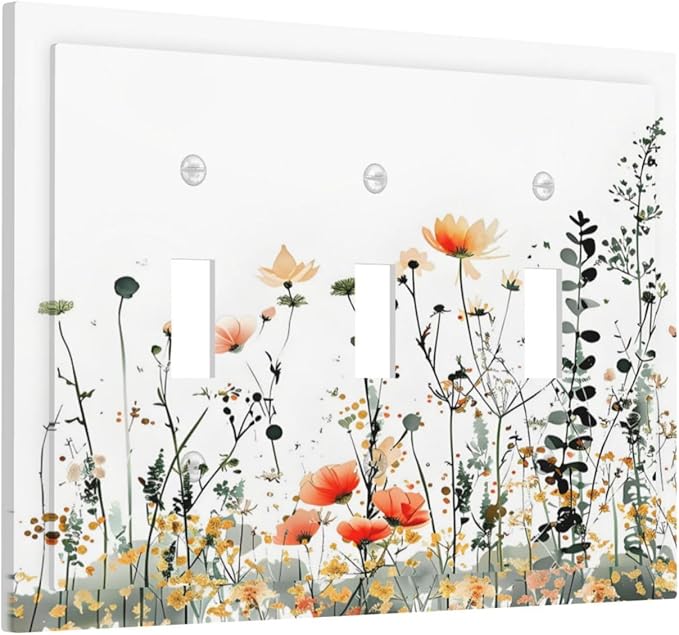 Vintage Country Style Watercolor Leaves Wildflowers Floral Decorative Switch Plates 3 Gang Wall Plate Triple Toggle Light Switch Cover Faceplate Electrical Wall Panels for Bedroom Living Room Decor